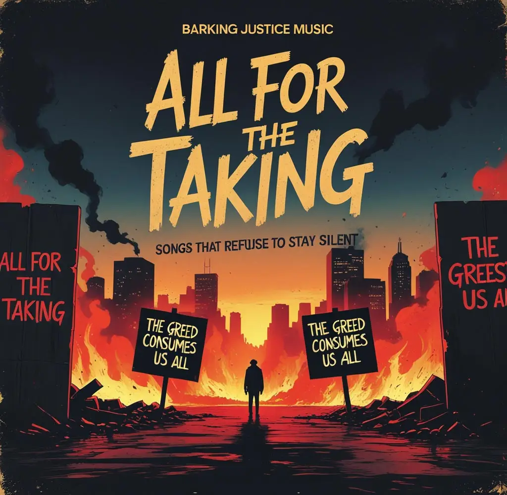 Cover art for All for the Taking, a Barking Justice Music anthem about billionaire capture, economic greed and public wealth treated as private property.