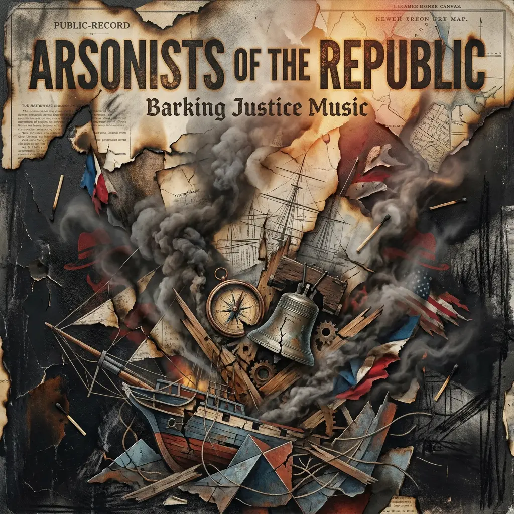 Cover art for Arsonists of the Republic, a democracy anthem about political leaders, donors and enablers who profit from division and national damage.