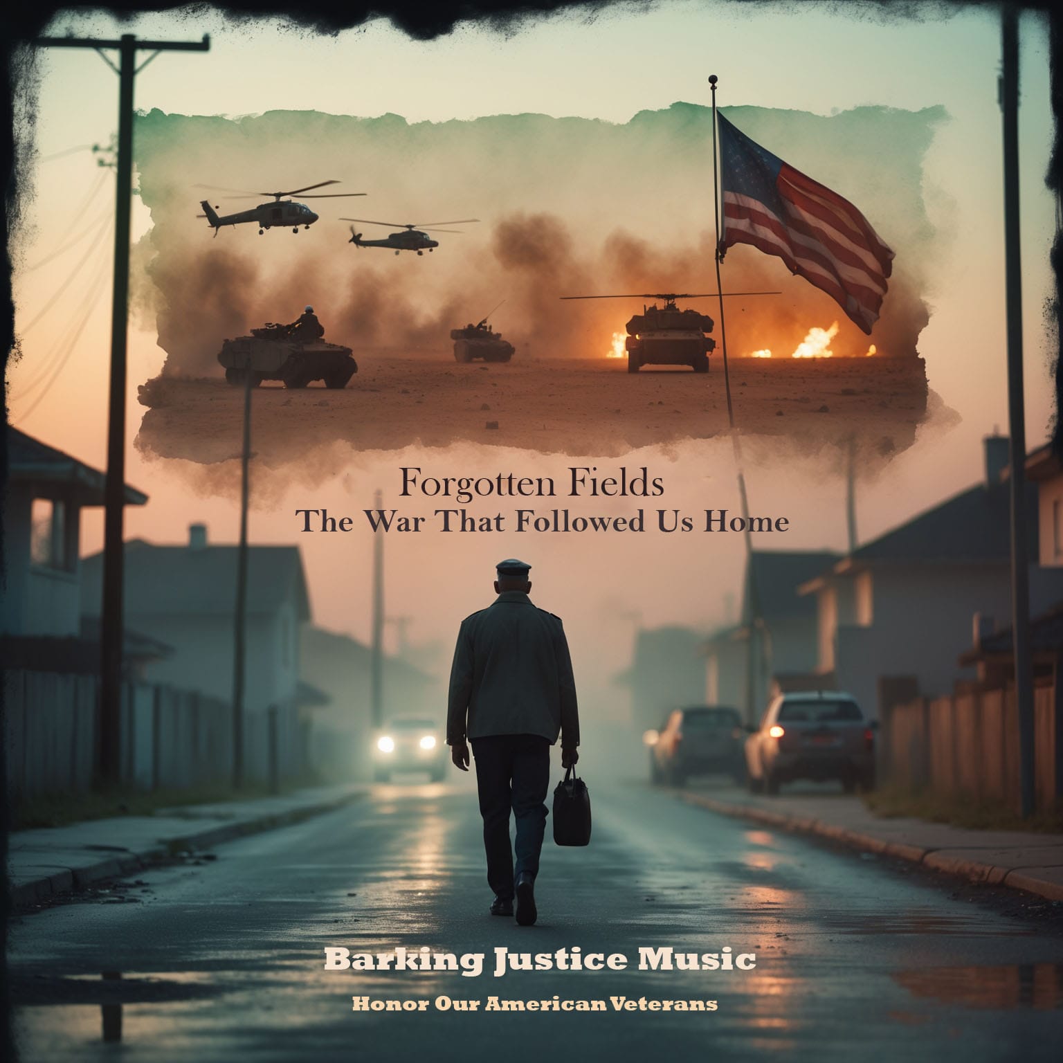 Cover art for Forgotten Fields, an anthem about veterans carrying trauma, moral injury, grief and the unfinished war back home.