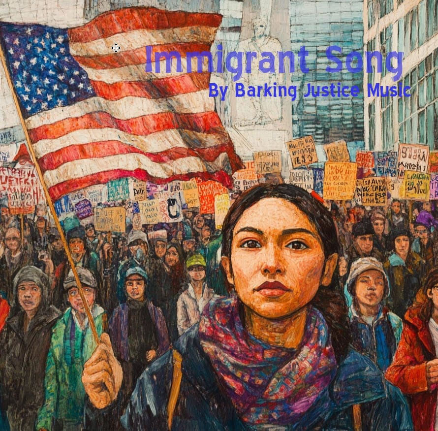 Cover art for Immigrant Song, an anthem about immigrant labor, belonging, family dignity, fear politics and exclusion in America.