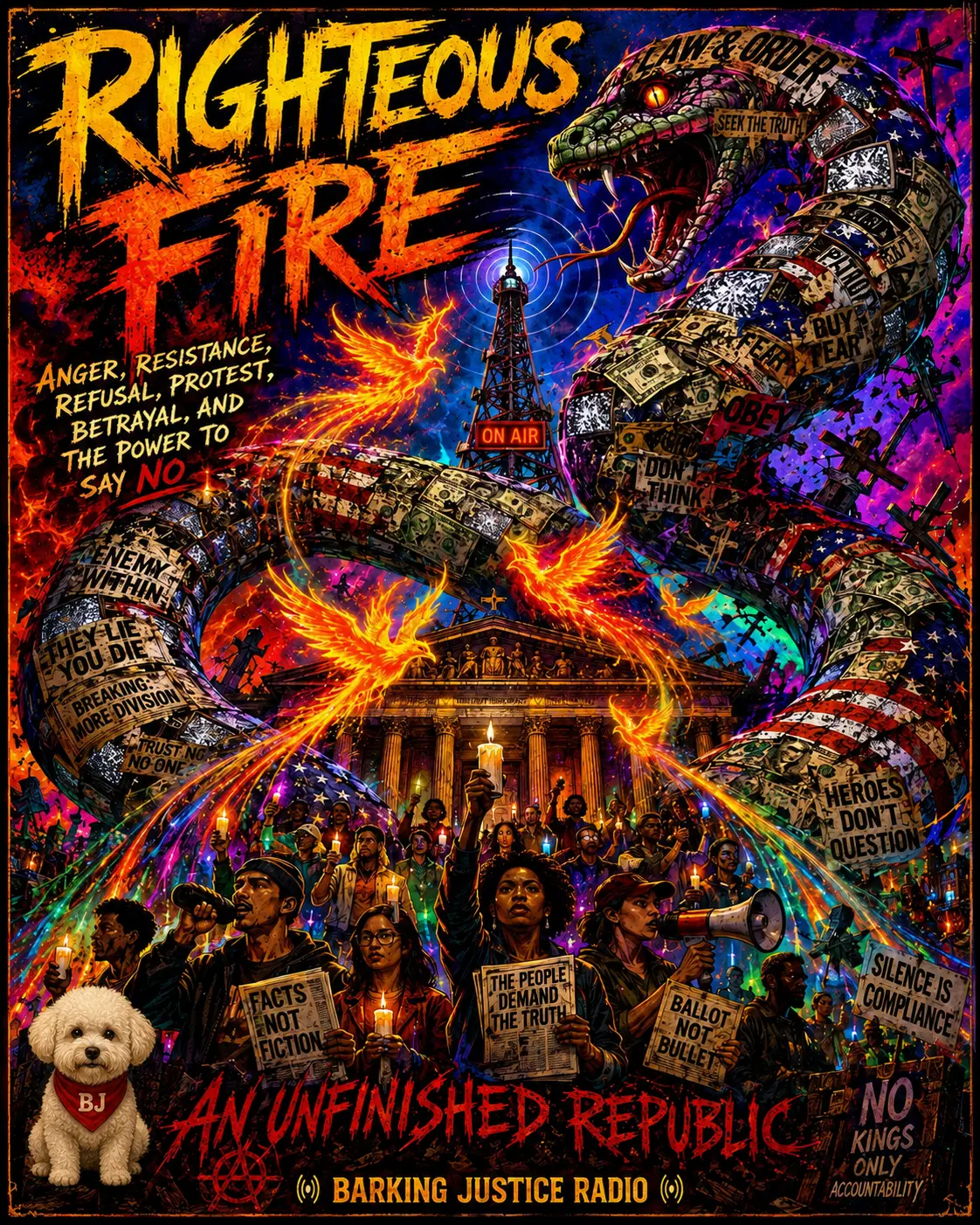 Segment artwork for Righteous Fire, a Barking Justice Radio program turning moral anger about cruelty, corruption and authoritarianism into disciplined civic refusal.