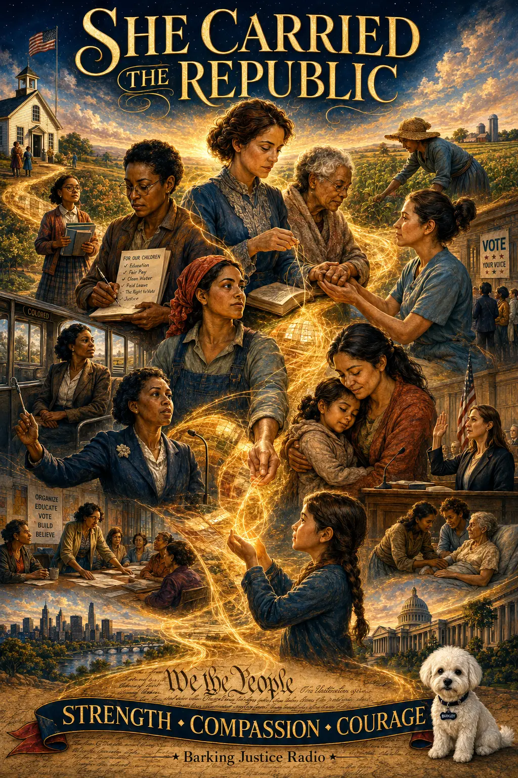 Cover art for She Carried the Republic, a Barking Justice Radio history program centering women as builders, organizers, workers, resisters and civic leaders.