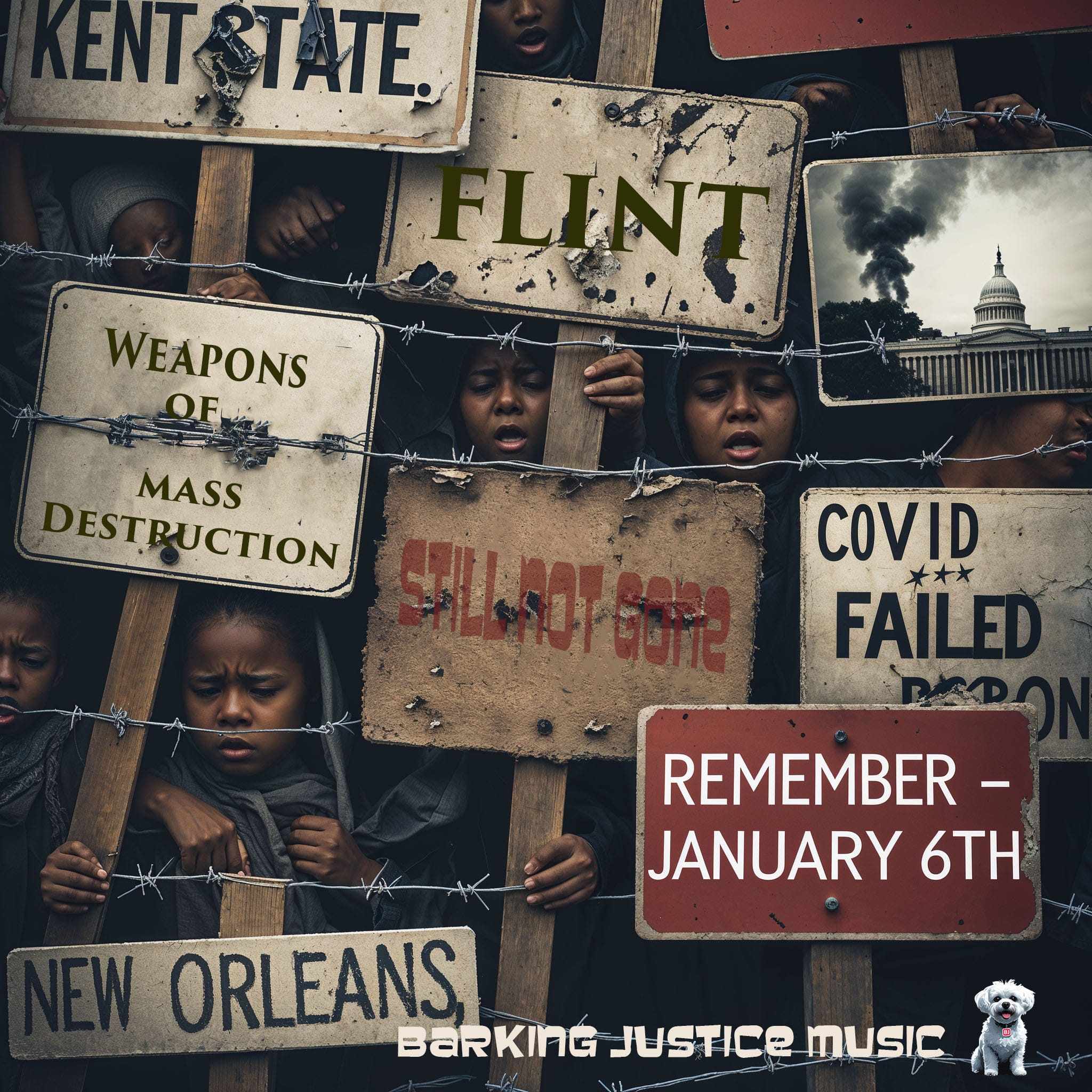 Cover art for Still Not Gone, a protest anthem remembering Kent State, Tuskegee, Katrina, Flint, Iraq, COVID and January 6.