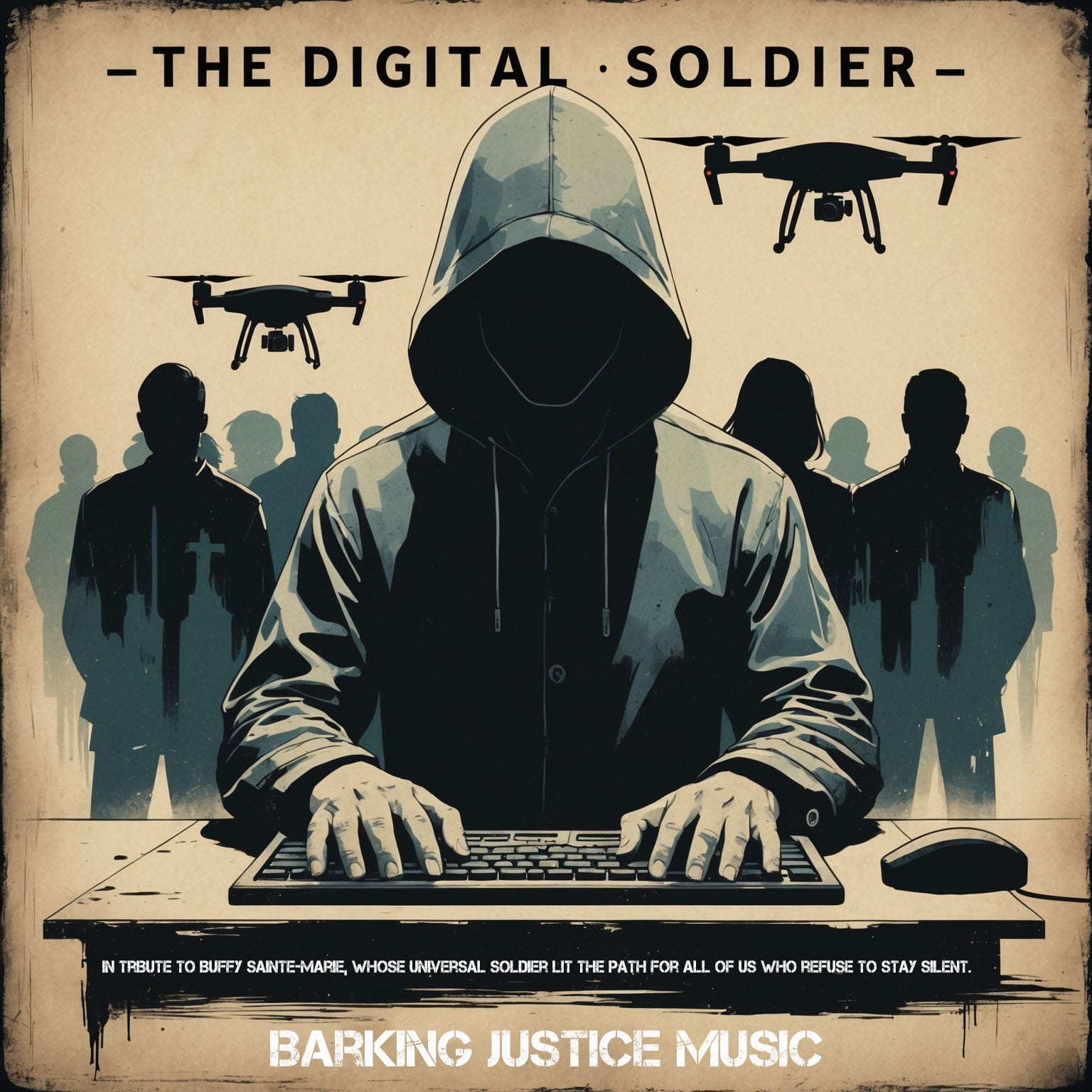 Cover art for The Digital Soldier, an anti-war anthem about drones, remote warfare, contractors, complicity and moral responsibility.