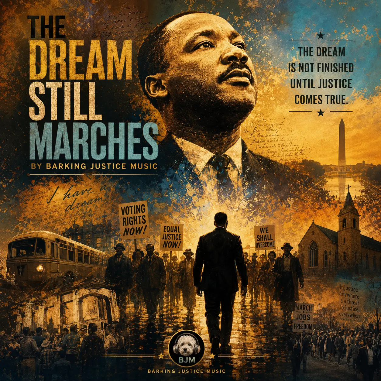 Cover art for The Dream Still Marches, a civil rights anthem carrying Martin Luther King Jr.’s unfinished demand for justice into the present.