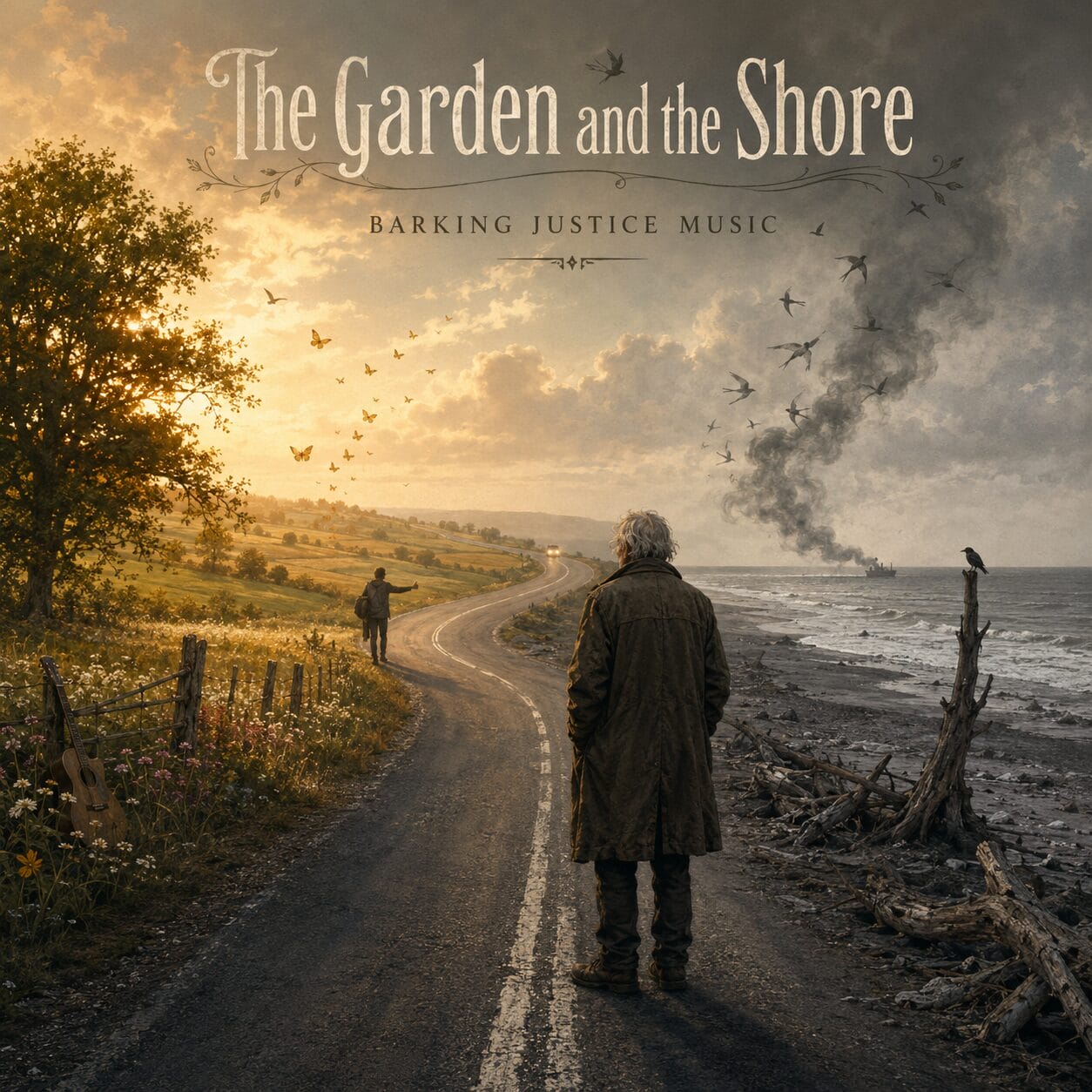Album art for The Garden and the Shore by Barking Justice Music, depicting a road between an idealistic garden and a devastated shoreline.
