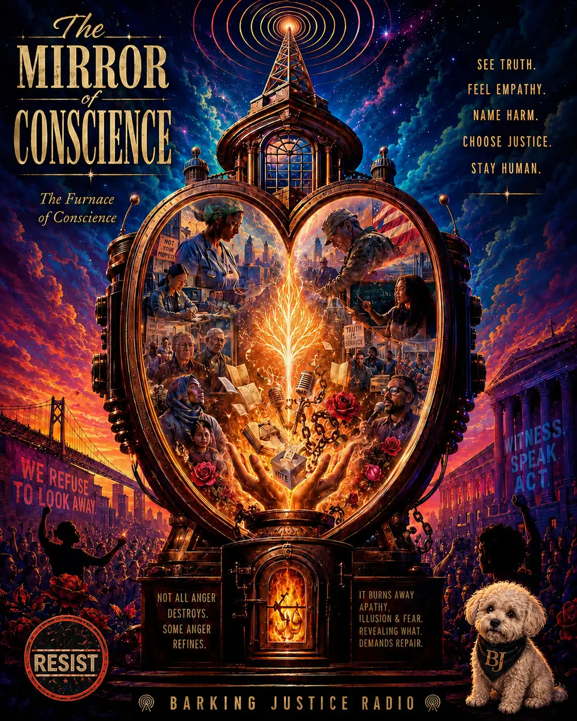 Segment artwork for The Mirror of Conscience, a Barking Justice Radio program connecting historic protest music and unfinished social struggles to the present.