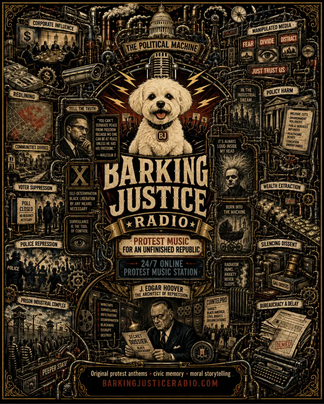Dark industrial Barking Justice Radio artwork showing Barkley inside a political machine of gears, documents, microphones, surveillance screens and civic warnings.