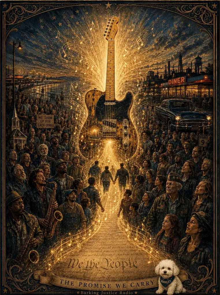 A glowing guitar spirit above workers, families, veterans, caregivers, immigrants, elders and young people gathered beneath the words We the People.