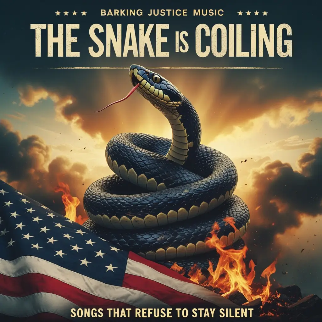 Cover art for The Snake Is Coiling, an authoritarianism warning anthem about propaganda, loyalty to a strongman, threatened courts and attacks on voting rights.