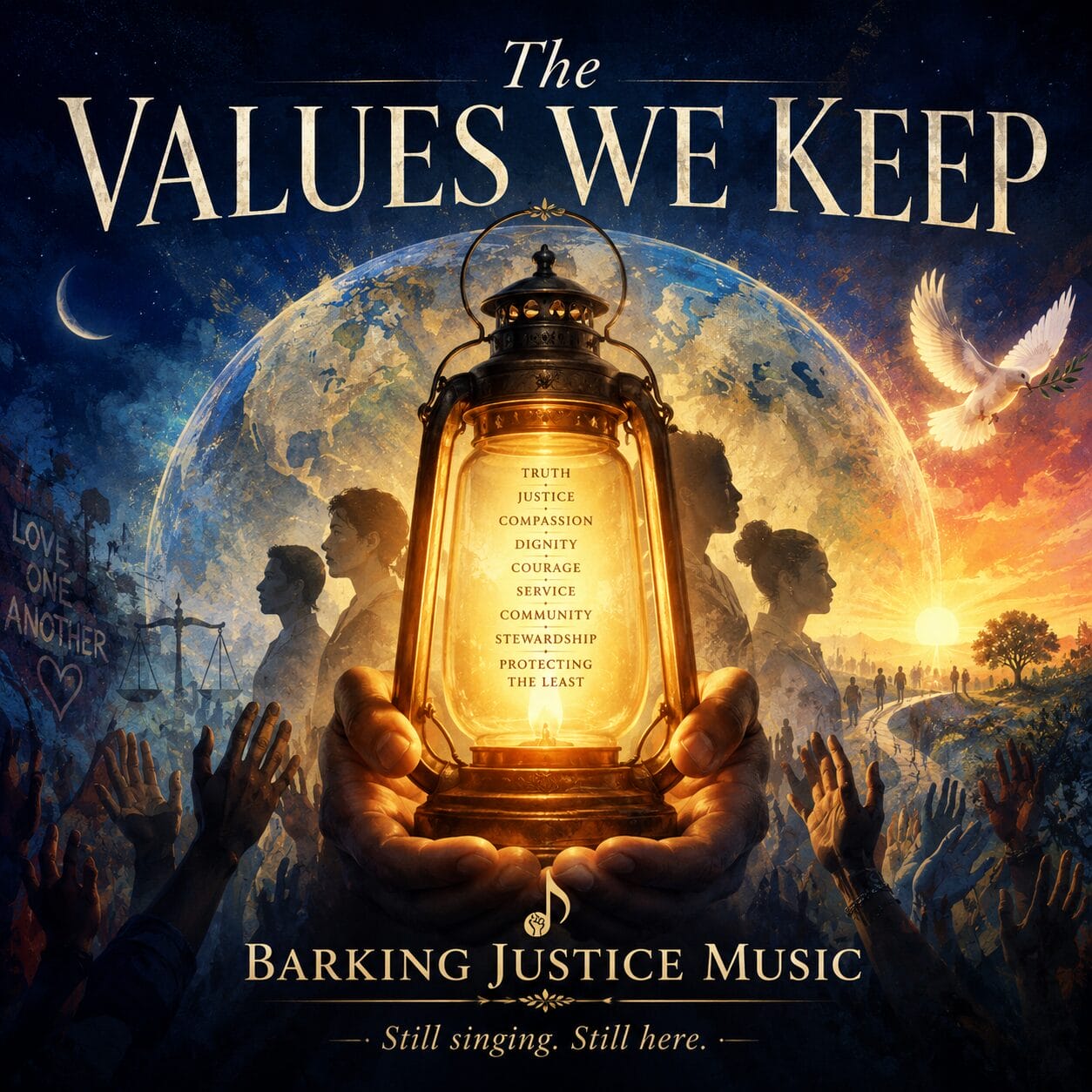 Cover art for The Values We Keep, a Barking Justice Music anthem about truth, dignity, compassion and protecting the vulnerable.