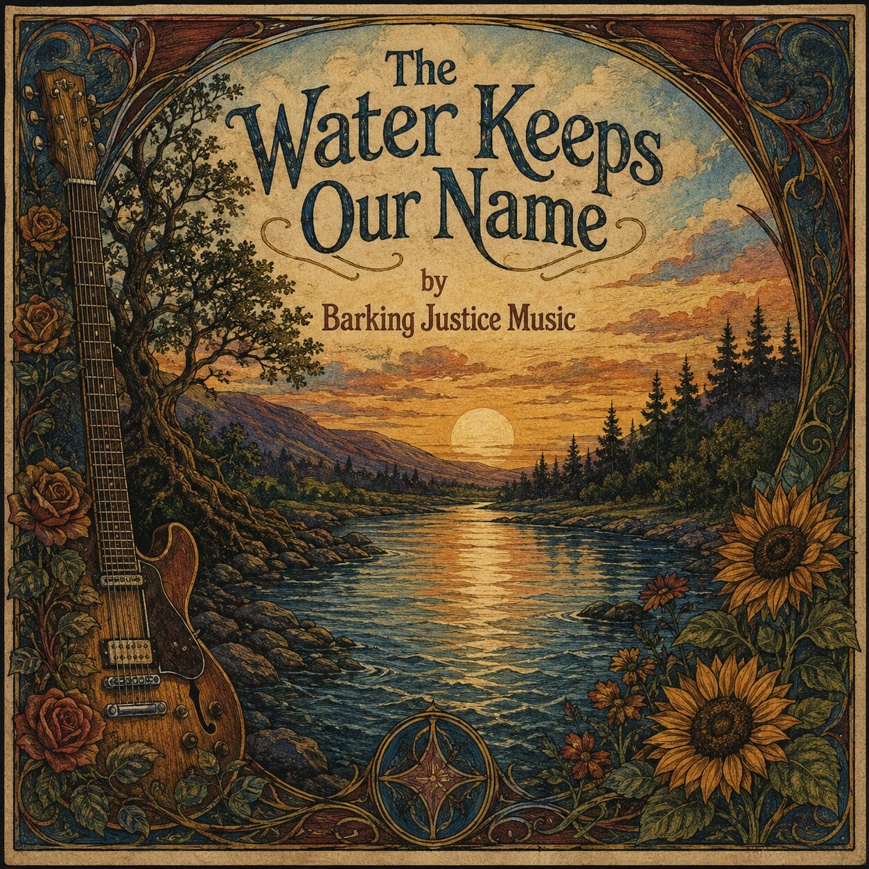 Illustrated river at sunset framed by a guitar and flowers for The Water Keeps Our Name by Barking Justice Music.