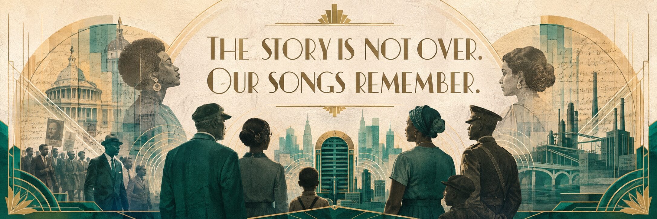 Art Deco banner for original protest songs showing ordinary people, civil rights memory, music, and the words “The story is not over. Our songs remember.”