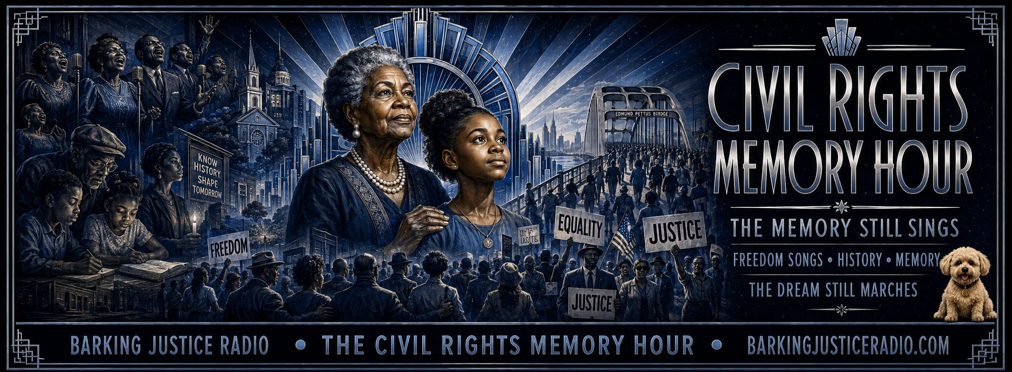 Civil rights music and history banner for the Civil Rights Memory Hour, showing generations of Black Americans, freedom singers, marchers, the Edmund Pettus Bridge, and Barkley.