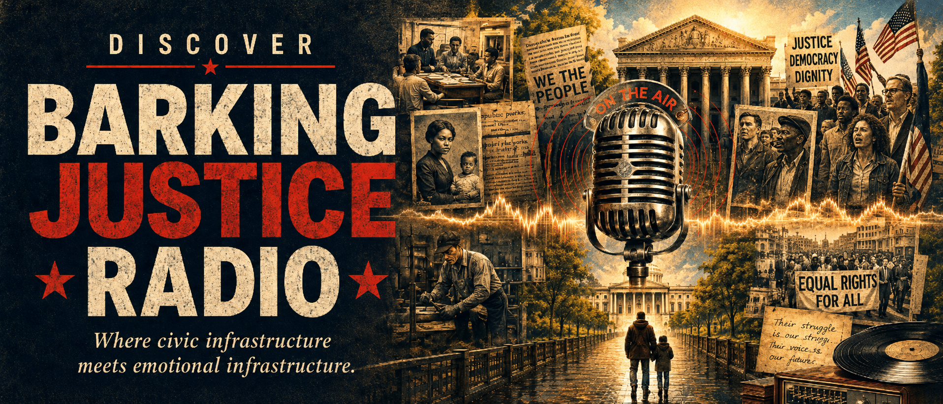 Discover Barking Justice Radio with protest music, historical memory, civic storytelling, and accountability for an unfinished republic