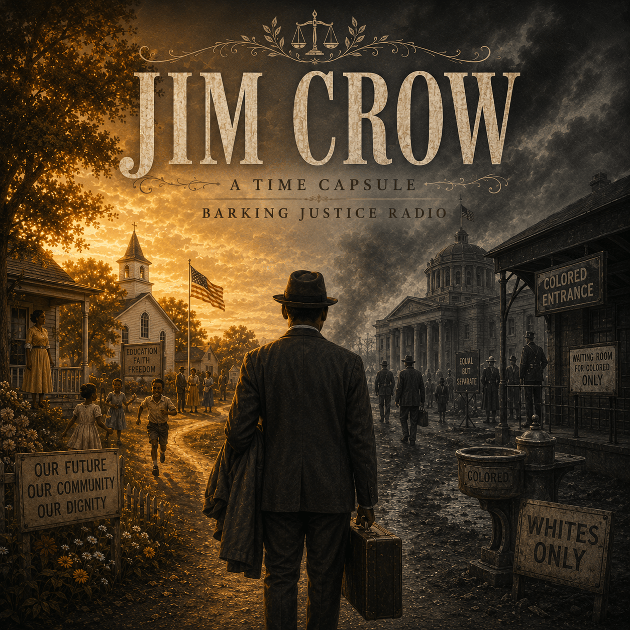 Jim Crow Time Capsule cover contrasting a thriving Black community with the segregated institutions and signs of Jim Crow America.