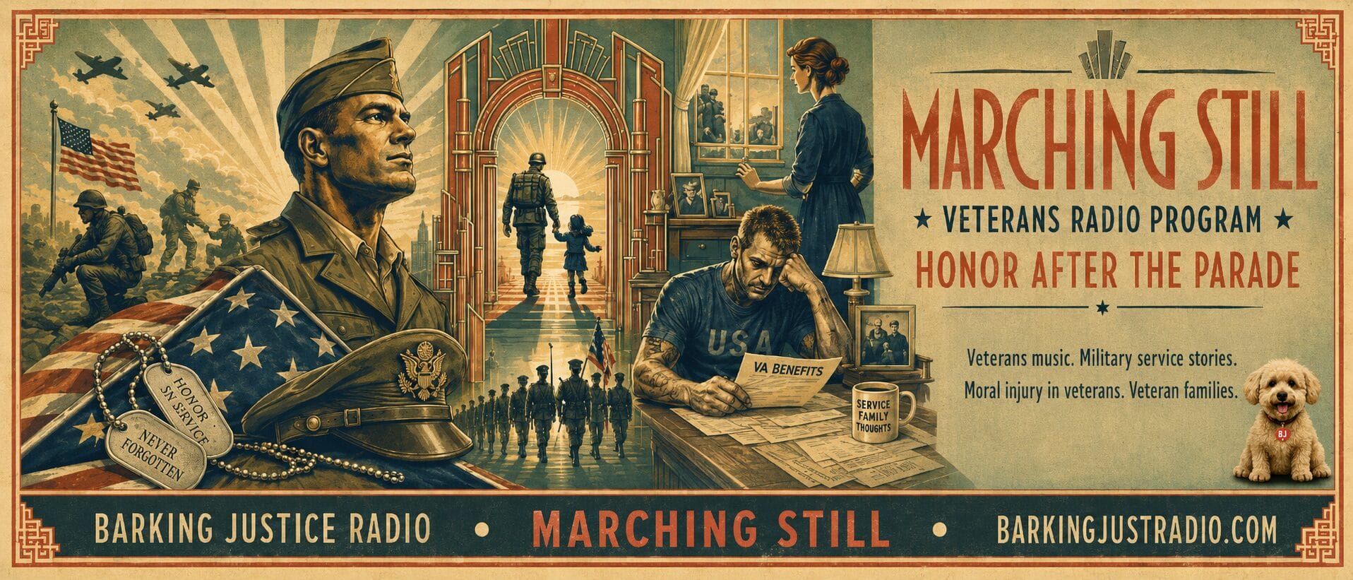 Marching Still banner depicting service, homecoming, family responsibility, VA benefits and honor after the parade