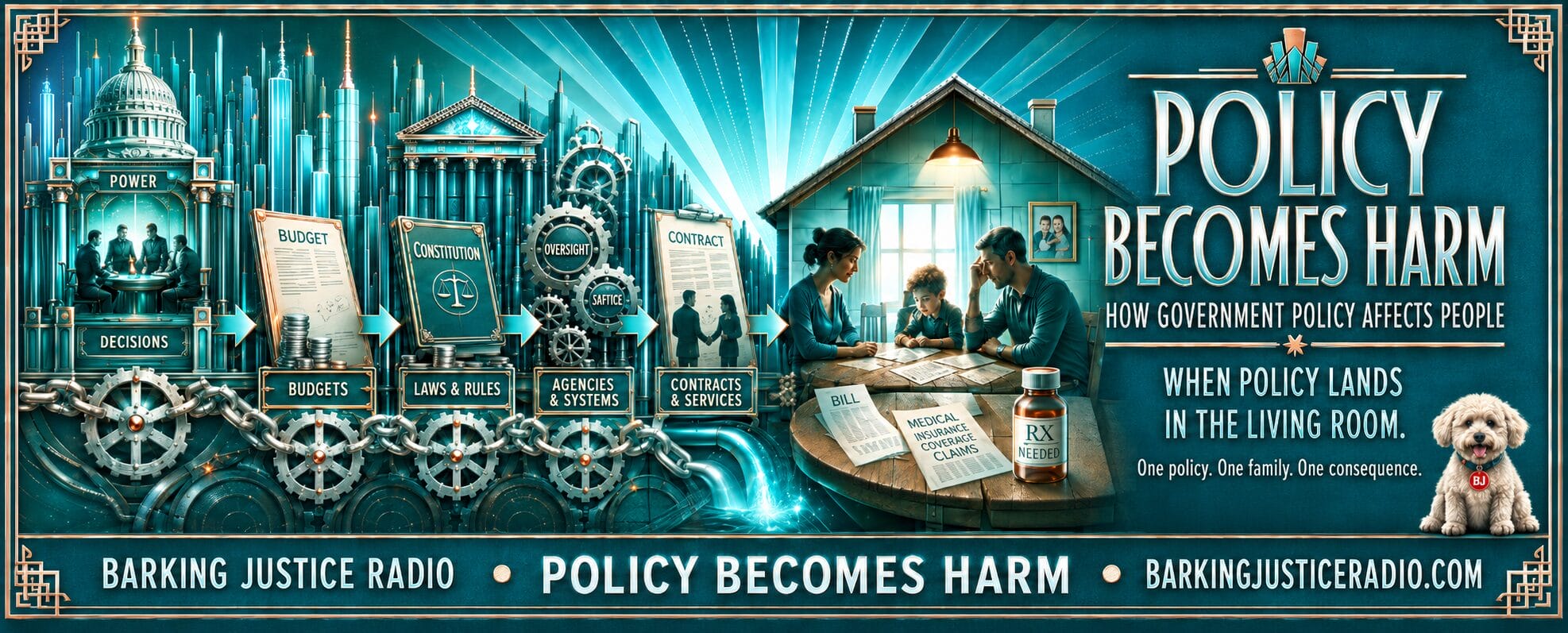 Policy Becomes Harm banner showing how government policy affects people through decisions, budgets, laws, agencies, contracts, and family consequences.