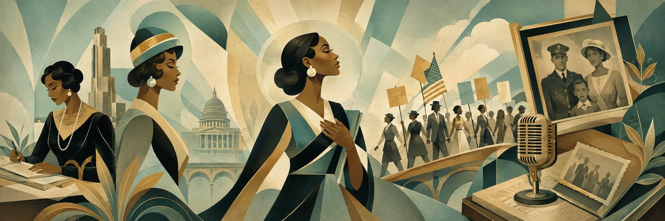 Historical photographs, protest music, women, veterans, and civic witnesses representing the civic radio programs on Barking Justice Radio