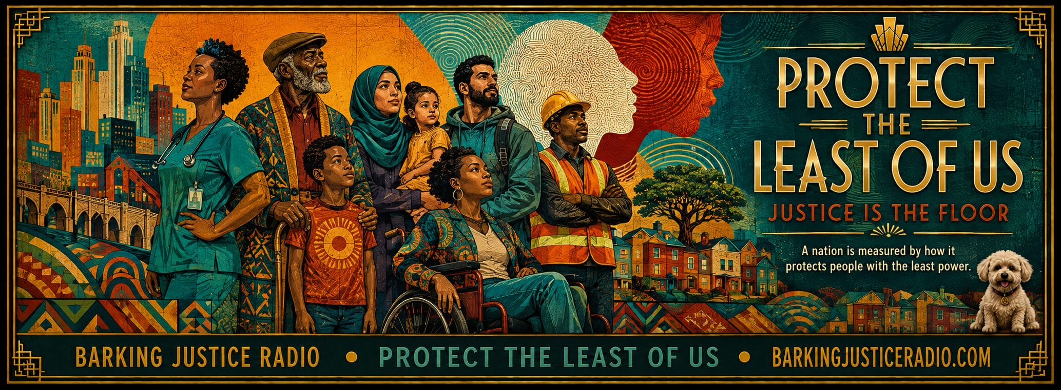 Afro Art Deco banner for Protect the Least of Us, a social justice radio program featuring diverse families, workers, caregivers, elders, and disabled people.