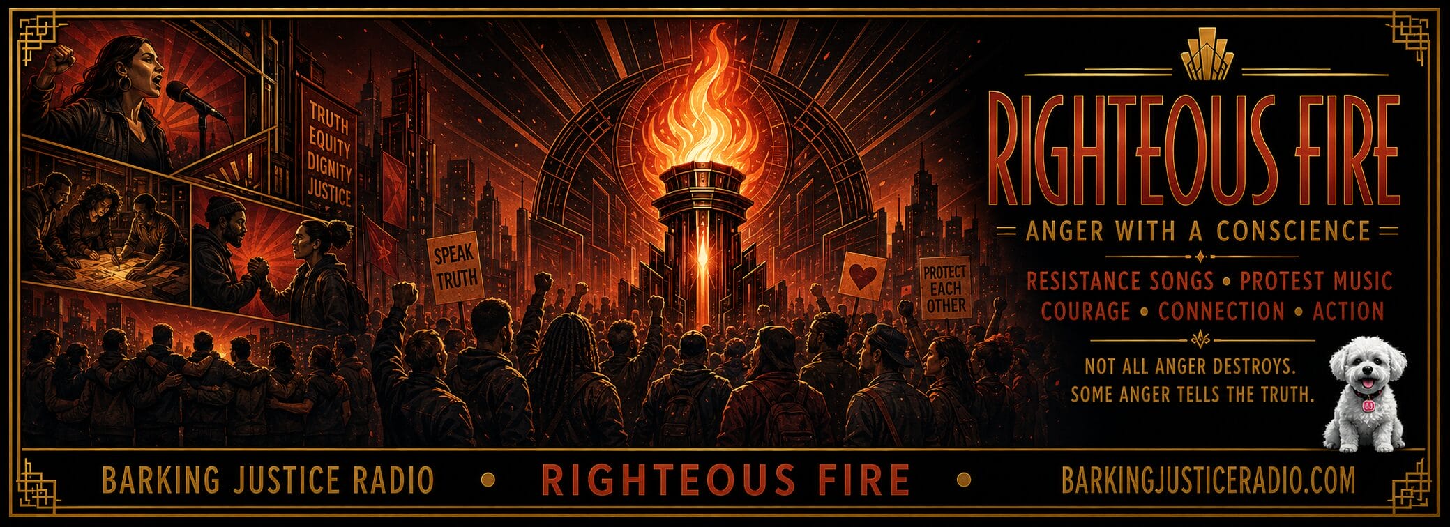 Righteous Fire banner for resistance songs and protest music, showing diverse citizens united around a torch of moral courage, truth, solidarity, and disciplined action.
