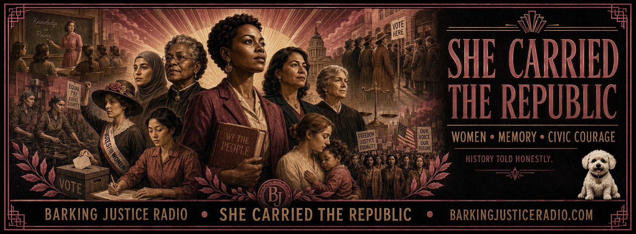 Women’s history radio show banner for She Carried the Republic, showing diverse women as teachers, workers, voters, judges, caregivers, organizers, and civic leaders.