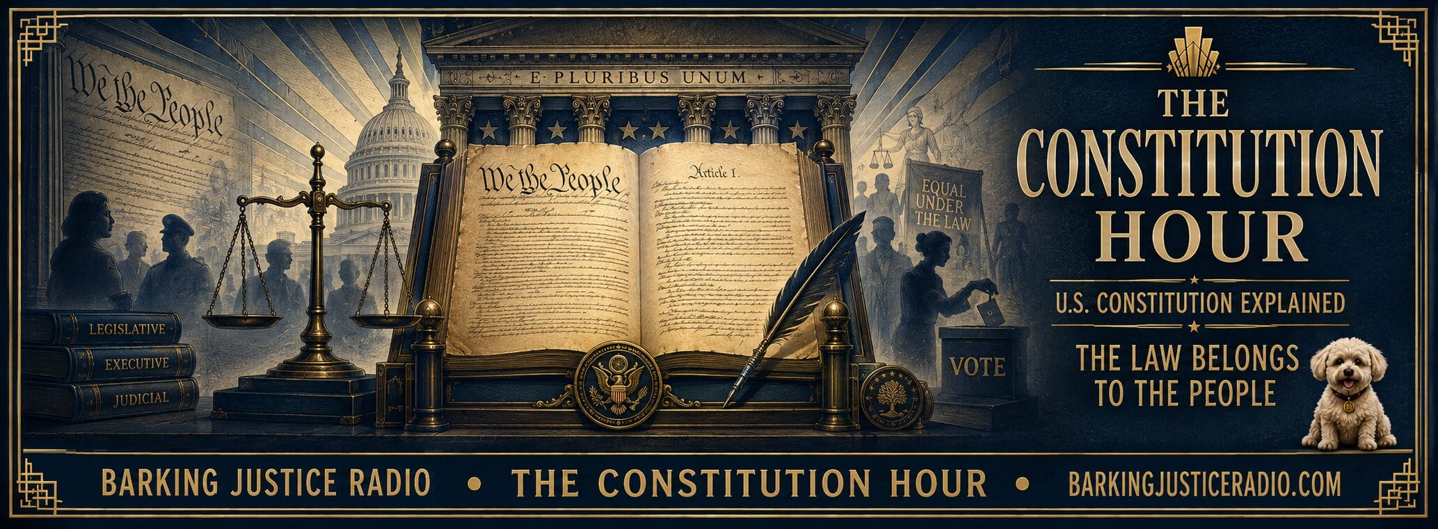 U.S. Constitution explained banner for The Constitution Hour, featuring the founding document, the Capitol, scales of justice, voting, separation of powers, and citizens protected by the rule of law.