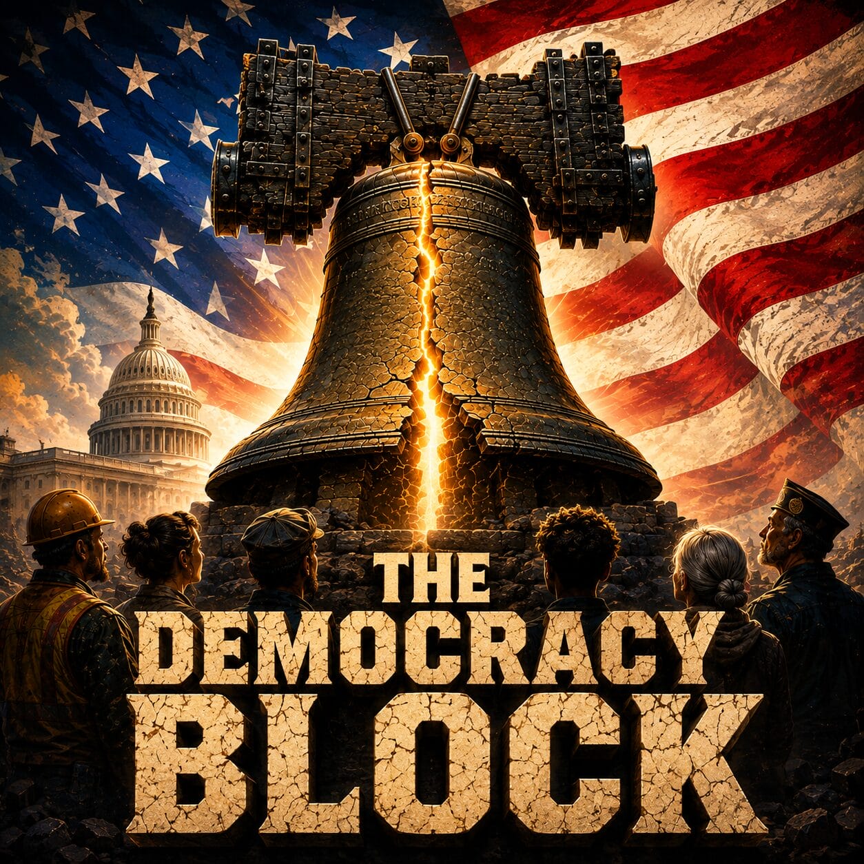 The Democracy Block artwork showing a cracked Liberty Bell, the U.S. flag, the Capitol, and citizens confronting democracy under threat.