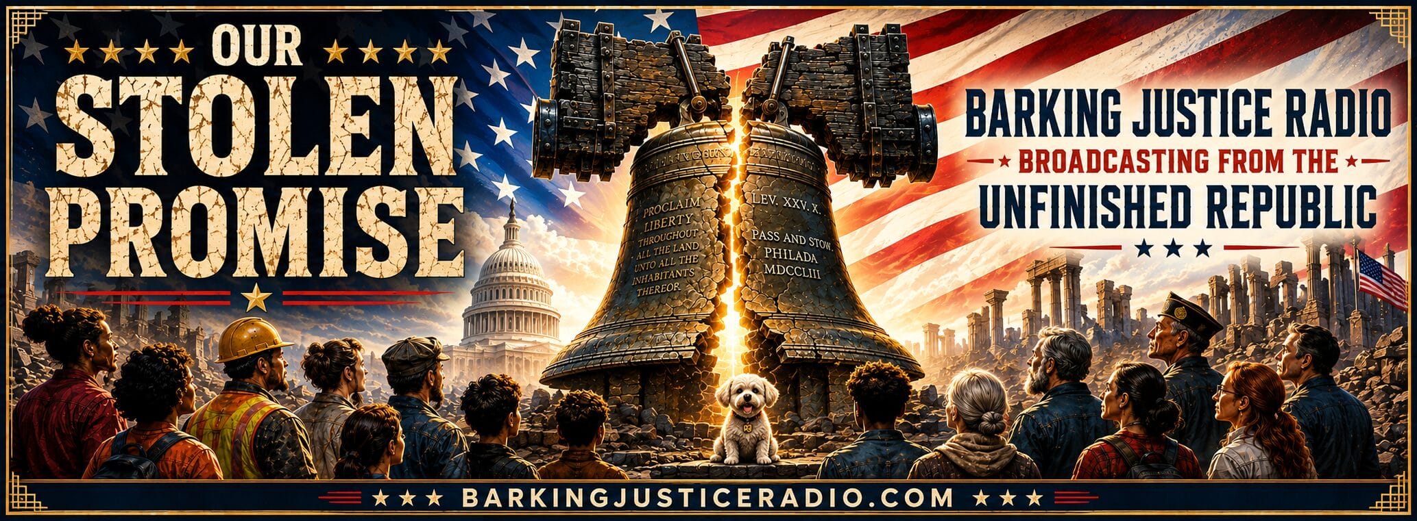 Our Stolen Promise banner for The democracy under threat radio segment, showing a cracked Liberty Bell, the U.S. Capitol, diverse citizens, and Barkley as a symbol of democracy under threat.