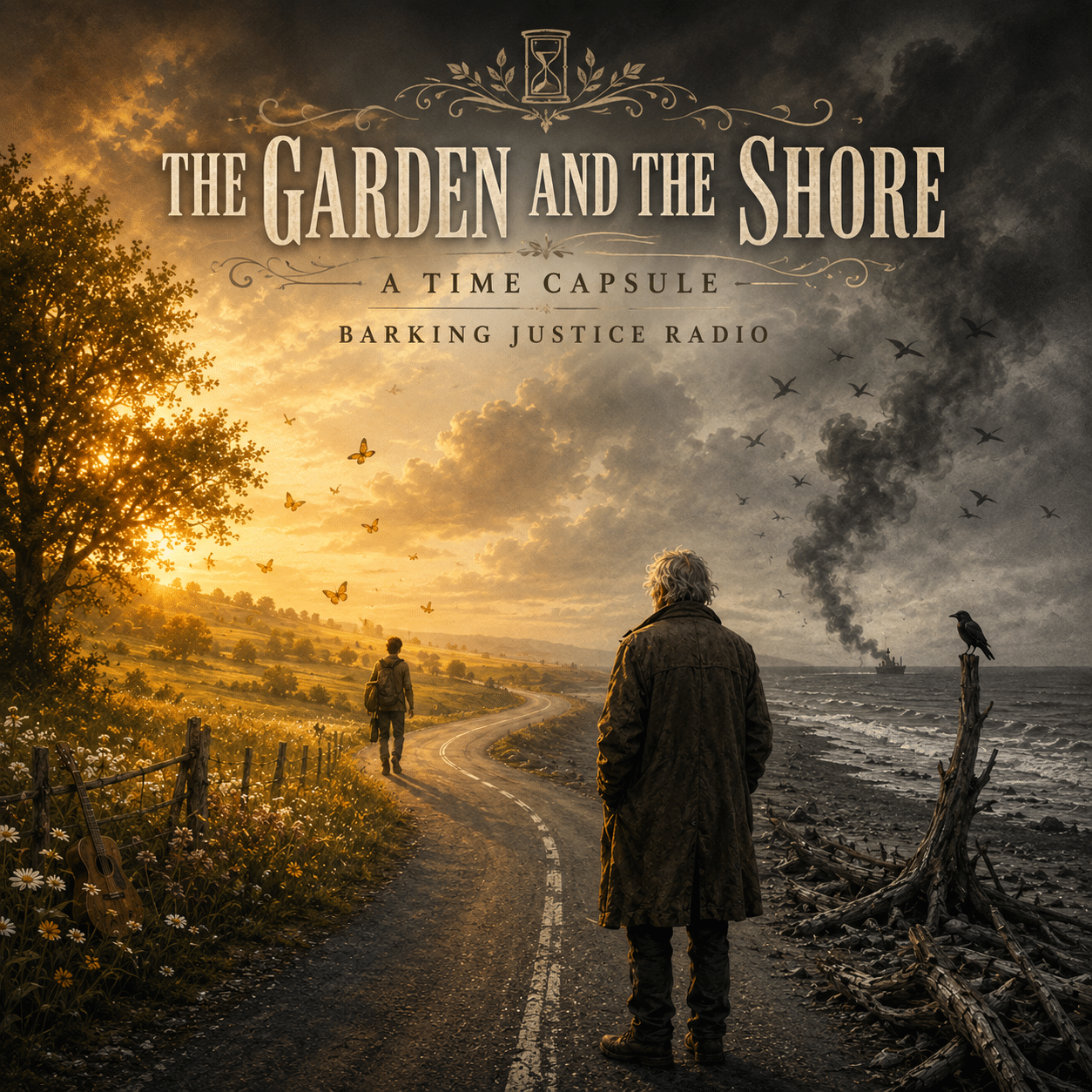The Garden and the Shore, civic history podcast cover contrasting a sunlit landscape of music and possibility with a devastated industrial shoreline.