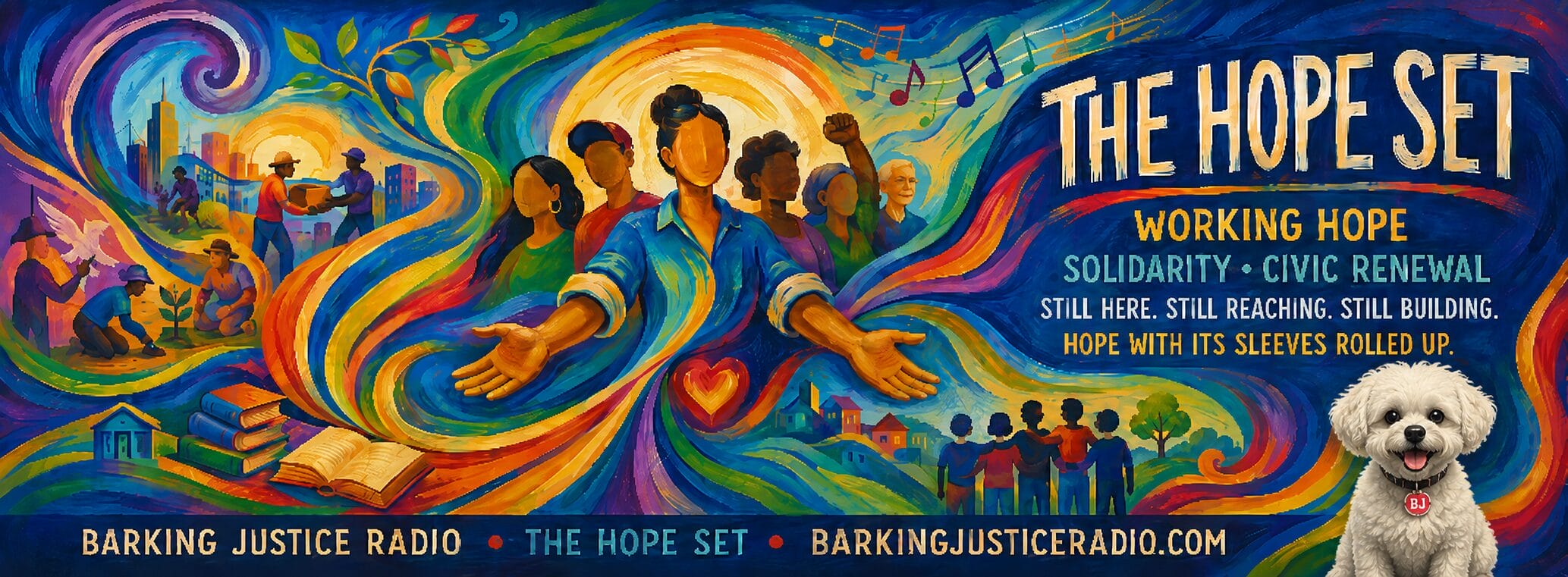 Songs of hope and resilience banner for The Hope Set, showing neighbors teaching, planting, rebuilding, and standing together.