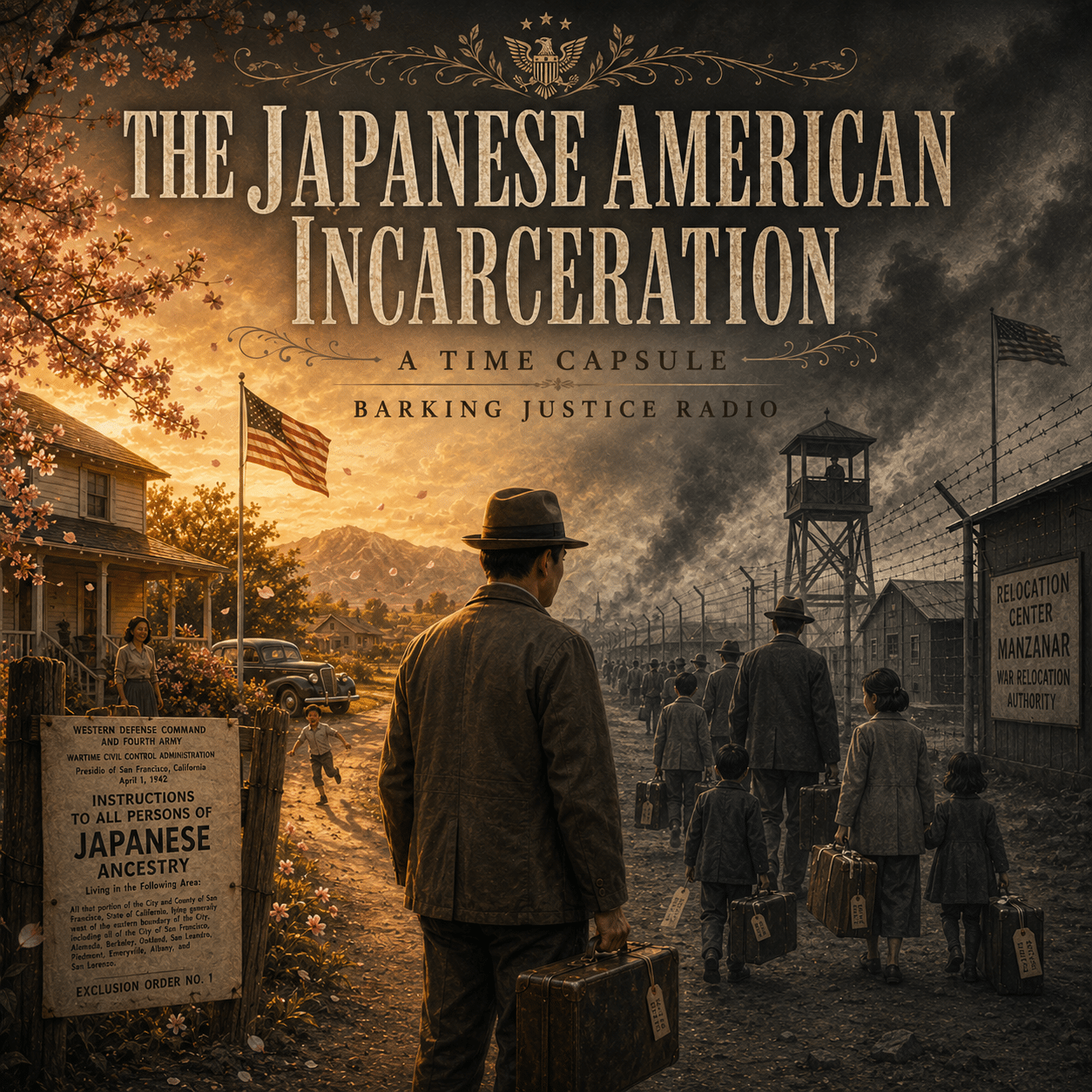 Japanese American Incarceration Time Capsule cover showing a family forced from home toward a guarded wartime relocation camp.