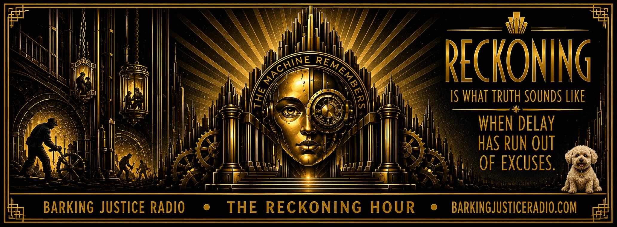 The Reckoning Hour government accountability radio show artwork featuring institutional machinery and the words “The Machine Remembers.”