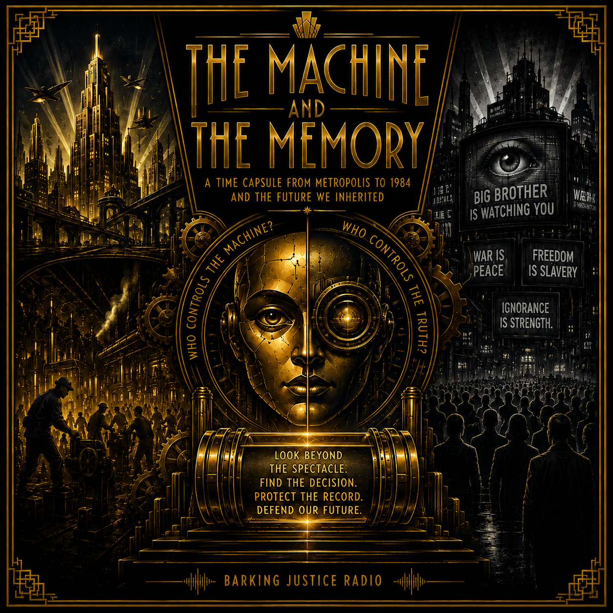 Art Deco Time Capsule cover joining Metropolis machinery with a surveillance state inspired by 1984 and a divided mechanical face.