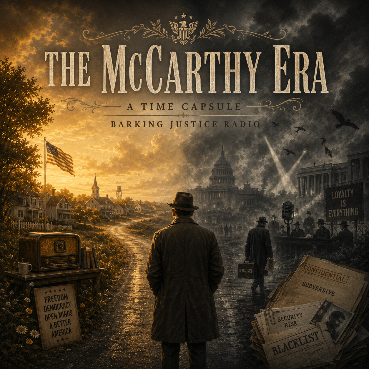 The McCarthy Era Time Capsule cover contrasting American community life with loyalty hearings, surveillance files, blacklists, and political fear.