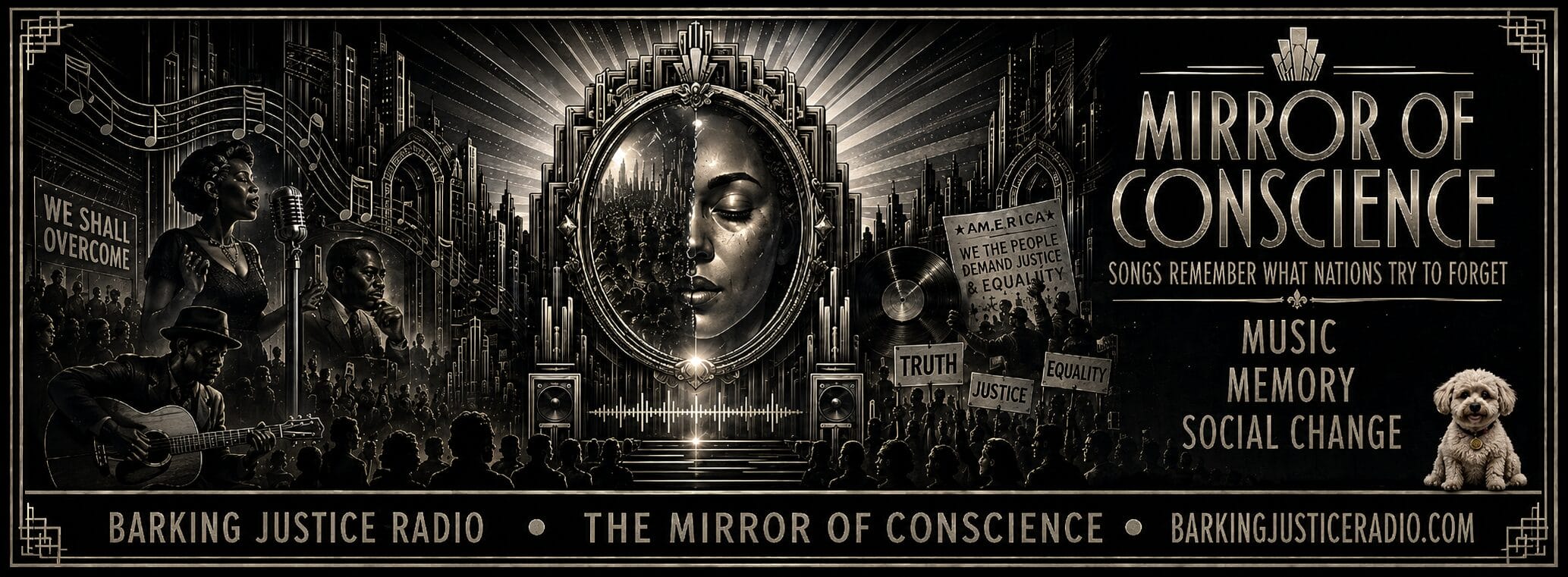 The Mirror of Conscience music and social change radio artwork featuring a reflective woman, musicians, protest crowds, and signs calling for truth, justice, and equality.