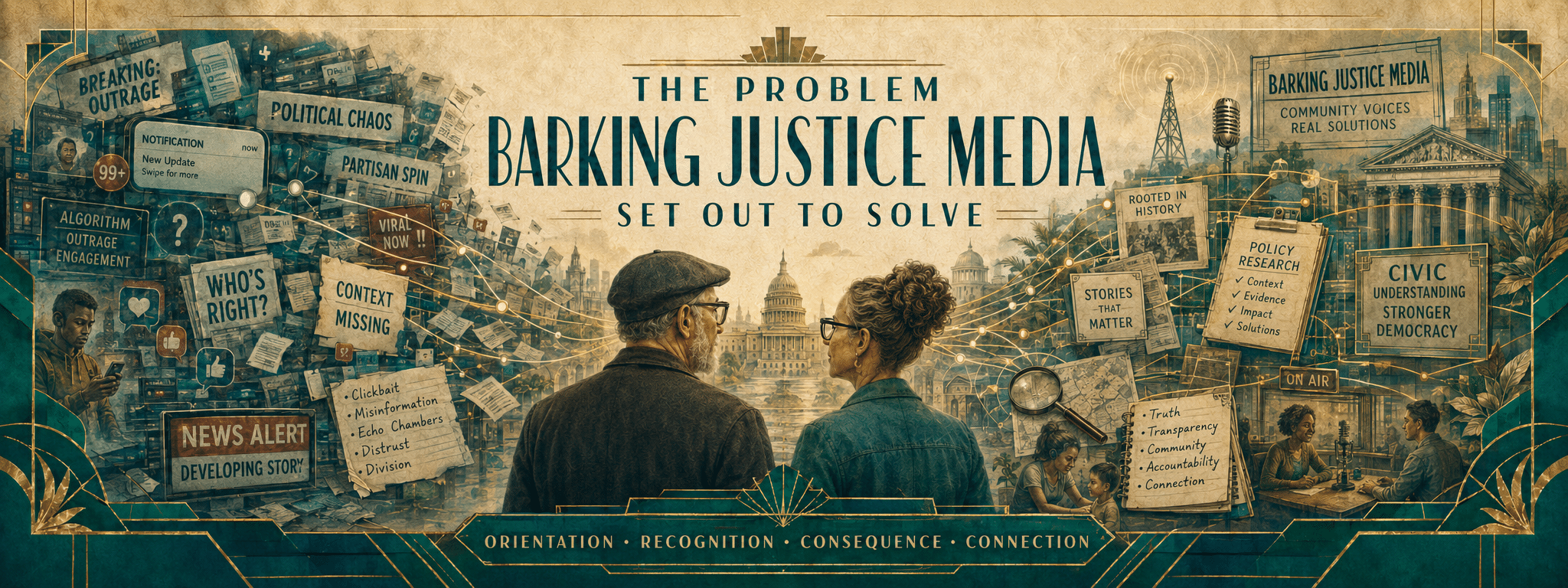 Art Deco Barking Justice Media banner showing fragmented political information overload transforming into historical memory, policy research, civic understanding, and human connection.