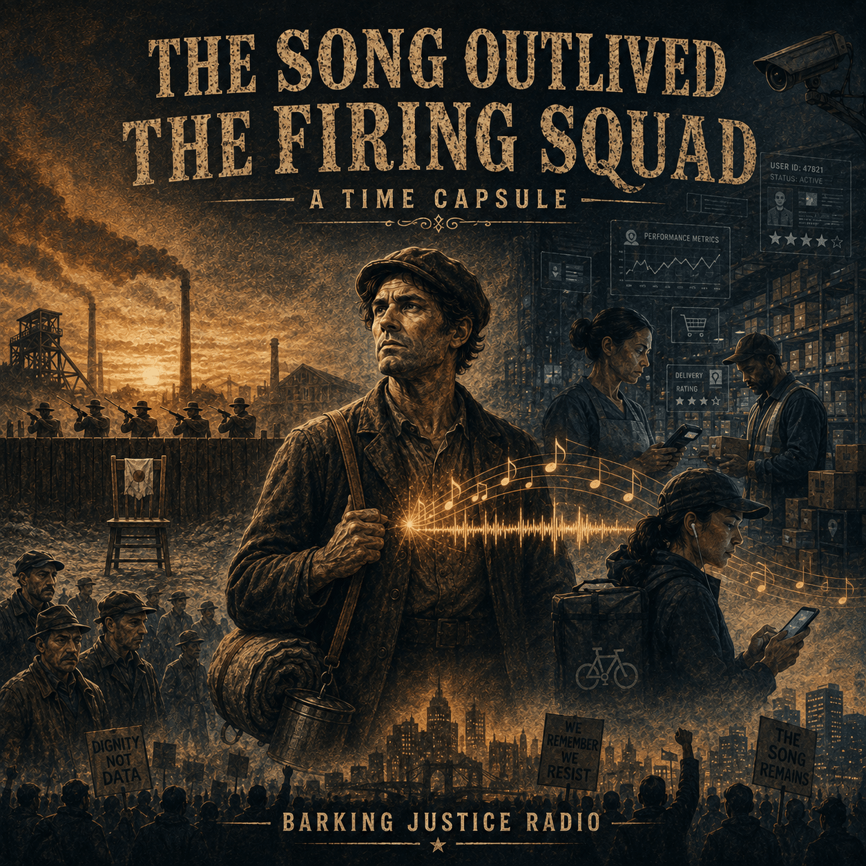 Time Capsule cover connecting an executed labor organizer and industrial workers with modern workers monitored by digital systems.