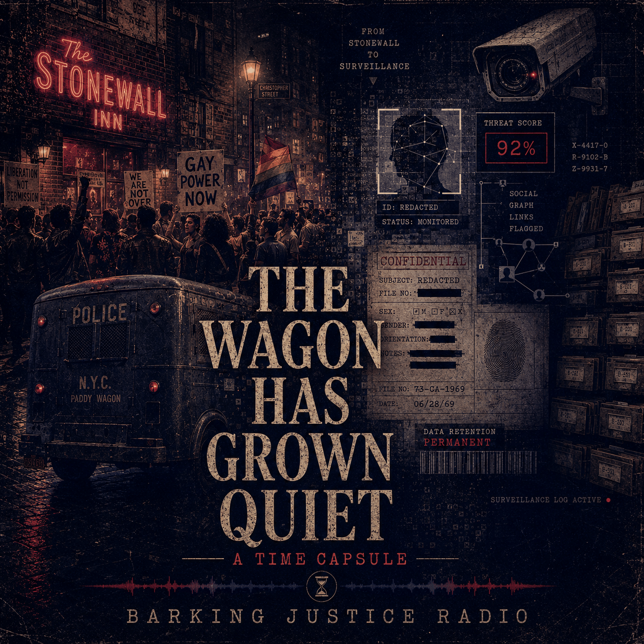 Stonewall Time Capsule cover contrasting the 1969 uprising and a police paddy wagon with modern digital surveillance and identity tracking.
