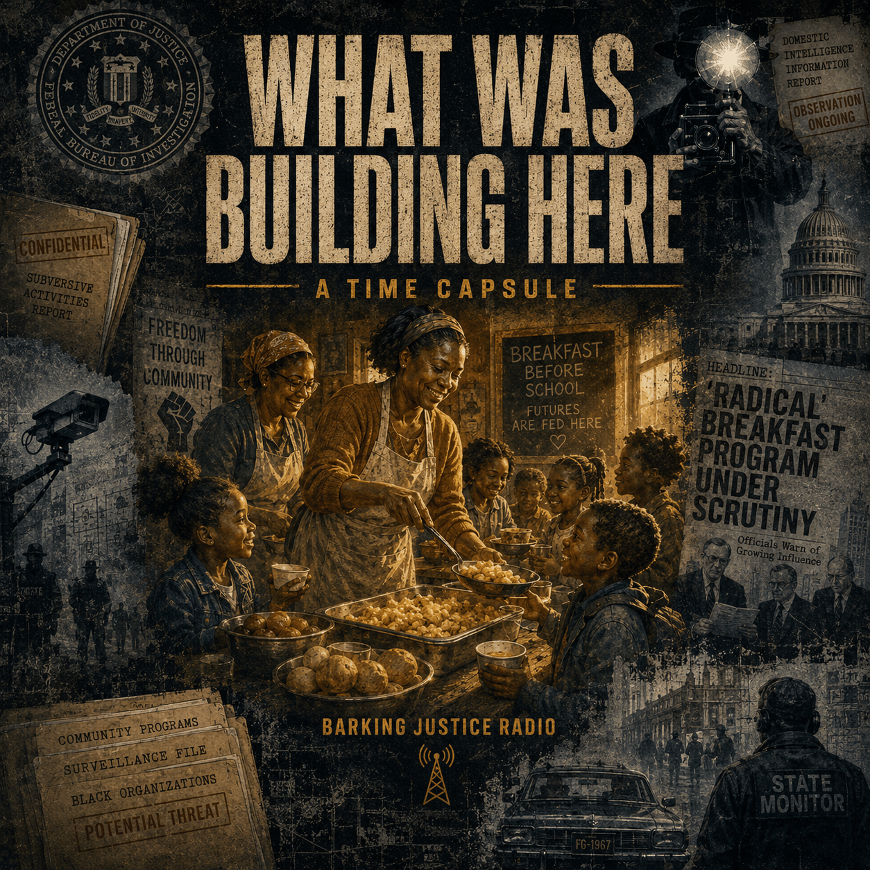 What Was Building Here Time Capsule cover showing a Black community breakfast program surrounded by surveillance files and government monitoring.