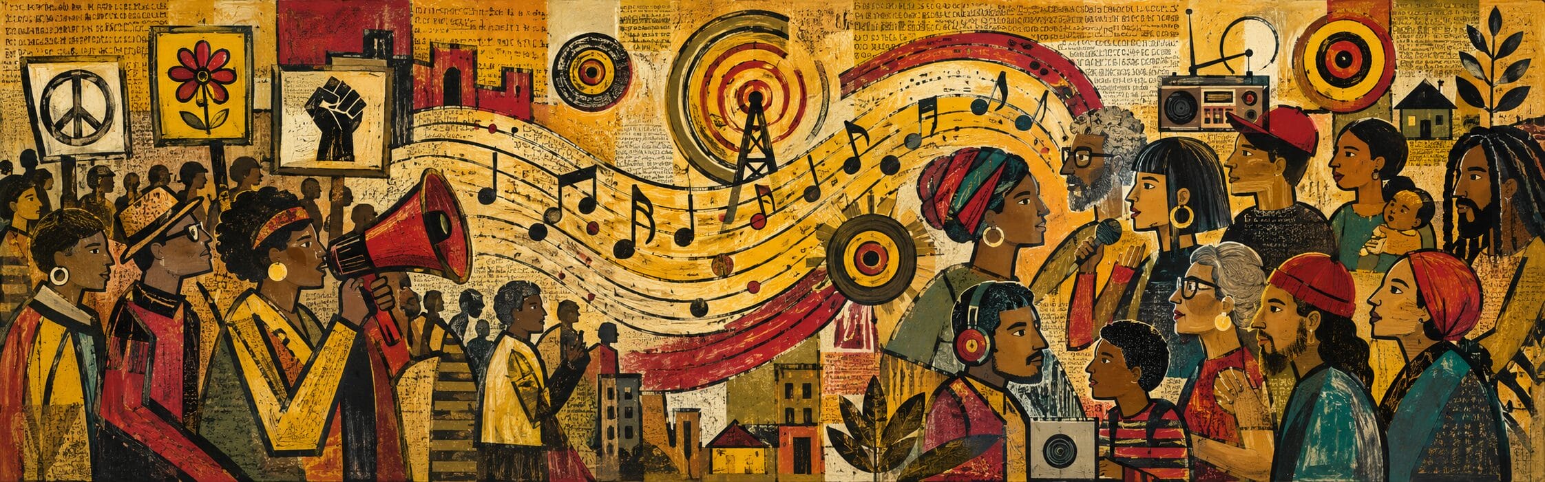 Protesters, a radio tower, and musical notes connecting generations and why protest music matters