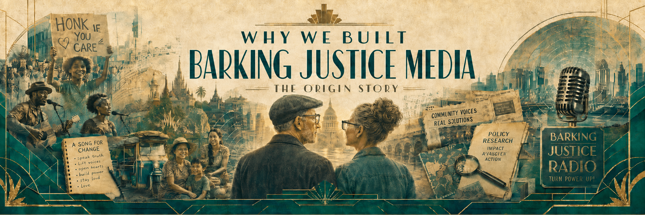 Art Deco banner for Why We Built Barking Justice Media: The Origin Story, showing protest music, Thailand, policy research, civic activism, and Barking Justice Radio.