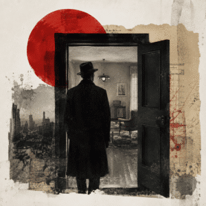 A lone figure standing in a lit doorway beneath a red sun, illustrating Act I of a Time Capsule: one person, one place, one moment.