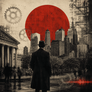 Silhouetted officials and industrial gears beneath a red sun, illustrating how the machinery of power operates in the present.