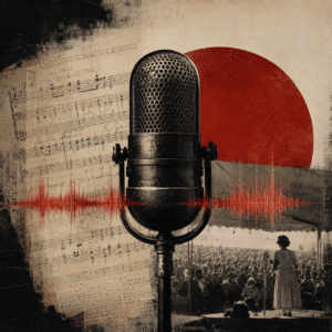 Vintage broadcast microphone against a red sun, illustrating Act II of a Time Capsule, where an original song carries the story across the years.